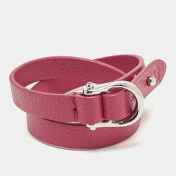 Pre Owned Aigner Logo Leather Silver Tone Double Tour Bracelet