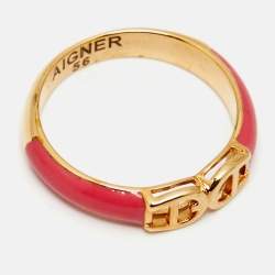 مملوكة مسبقًا Aigner Logo Enamel Gold Tone Ring Size 56