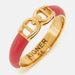 مملوكة مسبقًا Aigner Logo Enamel Gold Tone Ring Size 56