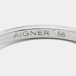 Pre Owned Aigner Logo Crystals Silver Tone Ring Size 56