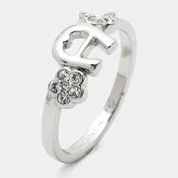 Pre Owned Aigner Logo Crystals Silver Tone Ring Size 56