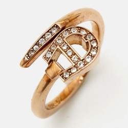 Pre Owned Aigner Logo Crystals Rose Gold Tone Ring Size 52