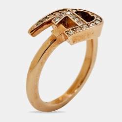 Pre Owned Aigner Logo Crystals Rose Gold Tone Ring Size 52