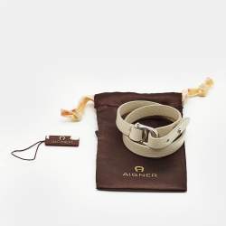 Pre Owned Aigner Logo Leather Silver Tone Wrap Bracelet