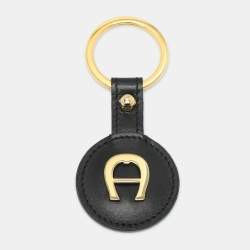 Pre Owned Aigner Key Ring Black Leather and Gold Tone Metal