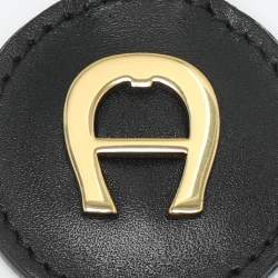 Pre Owned Aigner Key Ring Black Leather and Gold Tone Metal