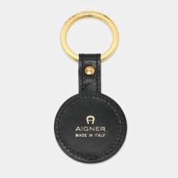 Pre Owned Aigner Key Ring Black Leather and Gold Tone Metal