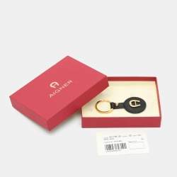 Pre Owned Aigner Key Ring Black Leather and Gold Tone Metal