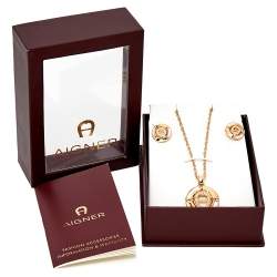 Pre Owned Aigner Gold Tone Crystal Logo Earring & Pendant Necklace Set
