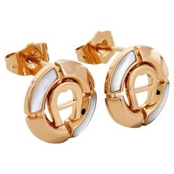 Pre Owned Aigner Gold Tone Crystal Logo Earring & Pendant Necklace Set