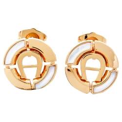 Pre Owned Aigner Gold Tone Crystal Logo Earring & Pendant Necklace Set