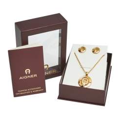 Pre Owned Aigner Gold Tone Crystal Logo Earring & Necklace Set