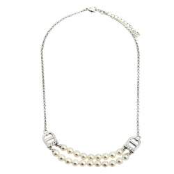 Pre Owned Aigner Faux Pearl And Crystal A-Logo Silver Tone Earrings & Double Strand Necklace Set