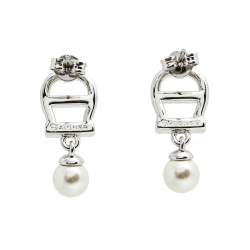 Pre Owned Aigner Faux Pearl And Crystal A-Logo Silver Tone Earrings & Double Strand Necklace Set