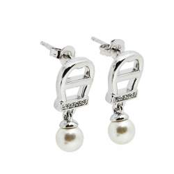 Pre Owned Aigner Faux Pearl And Crystal A-Logo Silver Tone Earrings & Double Strand Necklace Set