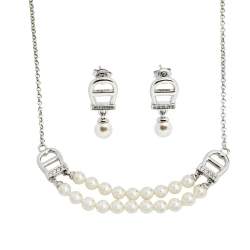 Pre Owned Aigner Faux Pearl And Crystal A-Logo Silver Tone Earrings & Double Strand Necklace Set