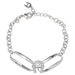 Pre Owned Aigner Silver Tone Crystal Logo Bracelet