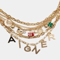 Pre Owned Aigner Enamel Faux Pearl Gold Tone Necklace