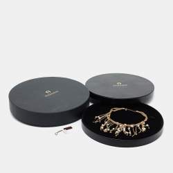 Pre Owned Aigner Capri Faux Pearl Crystal Gold Stone Multi Strand Lariat Necklace