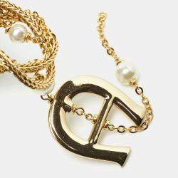 Pre Owned Aigner Capri Faux Pearl Crystal Gold Stone Multi Strand Lariat Necklace