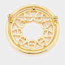 Pre Owned Aigner Gold Tone Crystal Embellished Logo Round Brooch