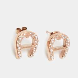 Pre Owned Aigner Crystals Faux Pearls Gold Tone Earrings