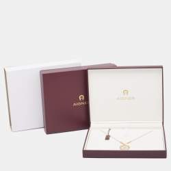 Pre Owned Aigner Gold Tone Crystal Mother of Pearl A Logo Pendant Necklace