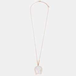 Pre Owned Aigner Rose Gold Tone Crystal Mother of Pearl A Logo Pendant Necklace