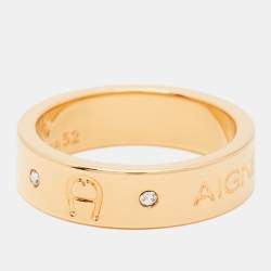 Pre Owned Aigner Gold Plated Crystal Logo Band Ring Size 52