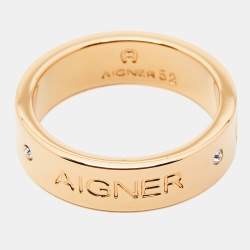Pre Owned Aigner Gold Plated Crystal Logo Band Ring Size 52