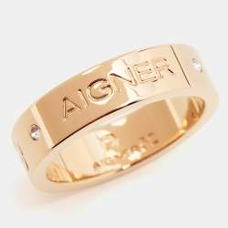 Pre Owned Aigner Gold Plated Crystal Logo Band Ring Size 52