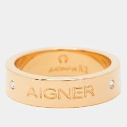 Pre Owned Aigner Gold Plated Crystal Logo Band Ring Size 52