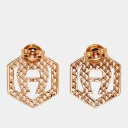 Pre Owned Aigner Rose Gold Tone Crystal Studded Hexagon Stud Earrings