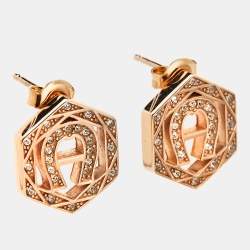 Pre Owned Aigner Rose Gold Tone Crystal Studded Hexagon Stud Earrings