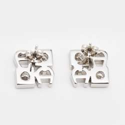 Pre Owned Aigner Crystals Logo Silver Tone Stud Earrings