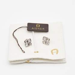 Pre Owned Aigner Crystals Logo Silver Tone Stud Earrings