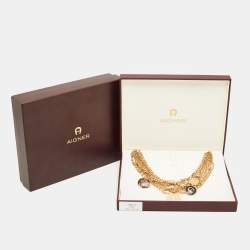 Pre Owned Aigner  Enamel Faux Pearl Gold Tone Necklace