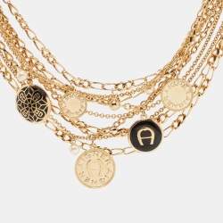 Pre Owned Aigner  Enamel Faux Pearl Gold Tone Necklace