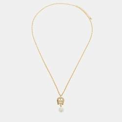 مملوكة مسبقًا Aigner Crystal Faux Pearl Gold Tone Long Pendant Necklace