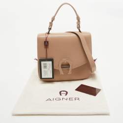Pre Owned Aigner Tan Brown Leather Logo Flap Top Handle Bag