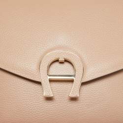 Pre Owned Aigner Tan Brown Leather Logo Flap Top Handle Bag