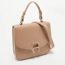 Pre Owned Aigner Tan Brown Leather Logo Flap Top Handle Bag