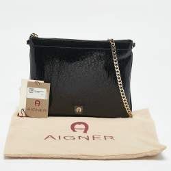 Aigner Black Signature Embossed Patent Leather Large Candy Chain Pouch 