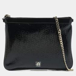 Aigner Black Signature Embossed Patent Leather Large Candy Chain Pouch 