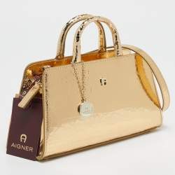 Aigner Gold Crackled Patent Leather Mini Cybill Tote