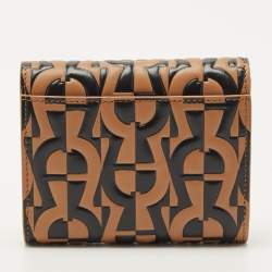 Pre Owned Aigner Black/Beige Monogram Embossed Leather Trifold Wallet
