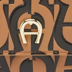 Pre Owned Aigner Black/Beige Monogram Embossed Leather Trifold Wallet