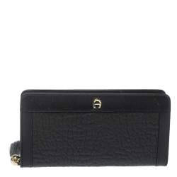 Pre Owned Aigner Black Leather Cavallina Zip Around Wallet