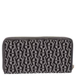 Pre Owned محفظة أيغنر سحاب ملتف حافة جلد منقوش وكانفاس مميز رمادي