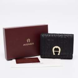 Pre Owned Aigner Black Leather Pria Trifold Wallet
